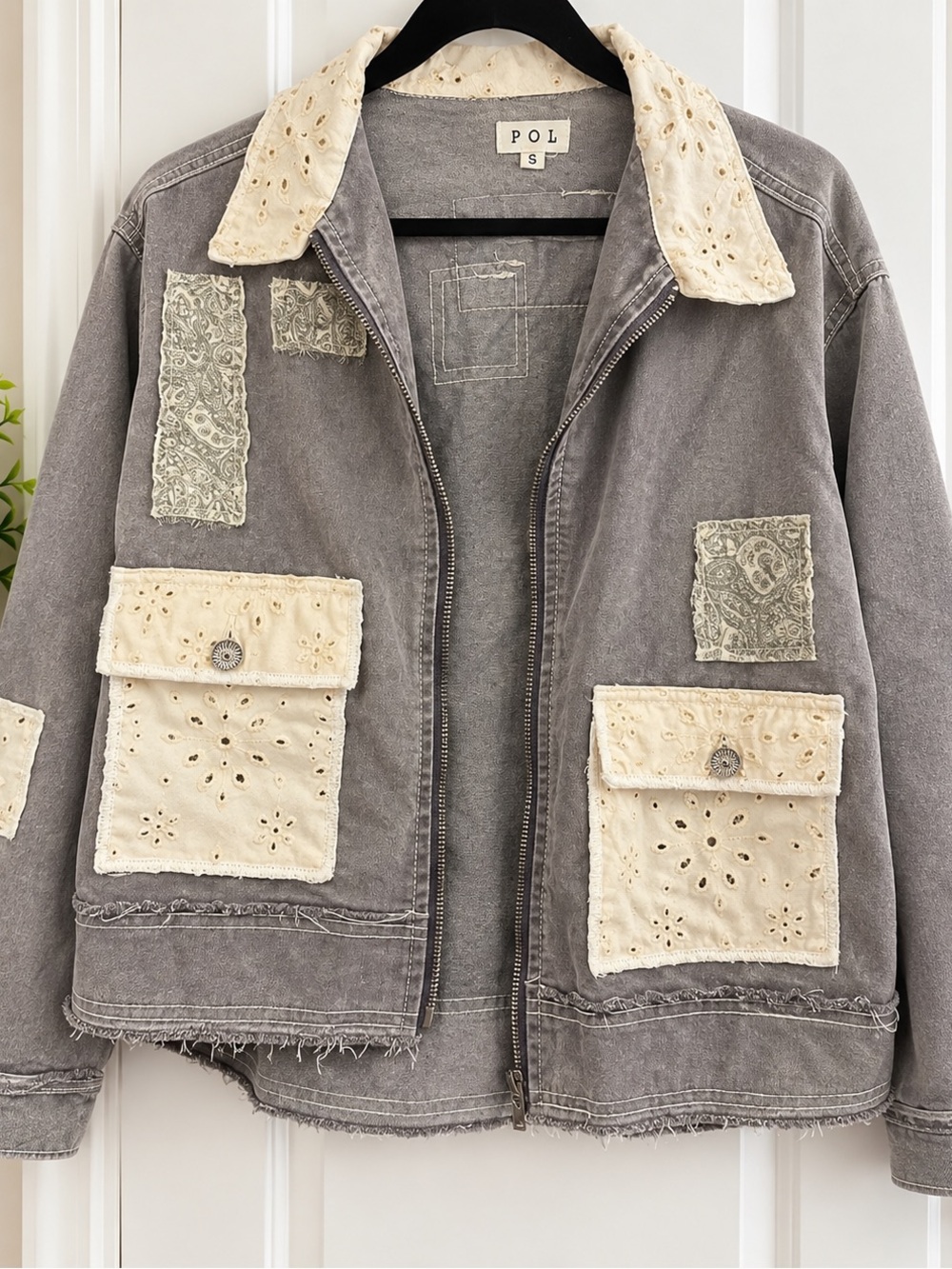 POL Gray Patchwork Jacket Small Eyelet Lace Paisley Boho NWOT